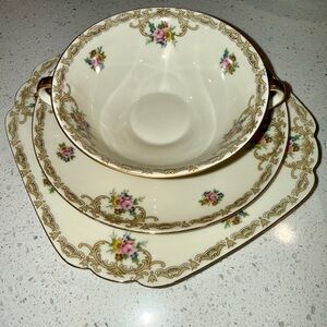 MZ Czechoslovakia- Moritz Zdekauer Floral Cups/Bowls & plates with Gold Trim